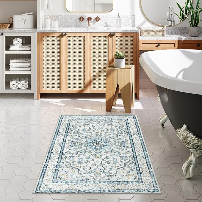 Lahome Oriental Blue Rug,Washable 3x5 Entryway Rugs Non-Slip with Rubber Backing,Soft Boho Front Door Carpet Indoor Entrance,Traditional Vintage Thin Throw Mats for Bathroom Bedroom Kitchen,(3x5ft)