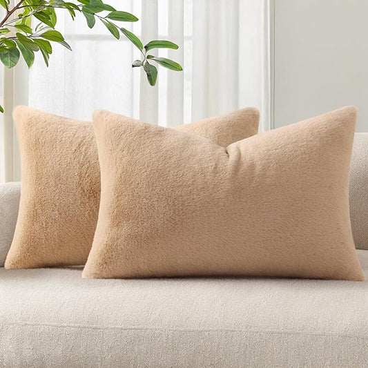Pallene Faux Fur Plush Lumbar Throw Pillow Covers 12x20 Set of 2, Soft Fluffy Couch Pillow Covers for Living Room, Khaki