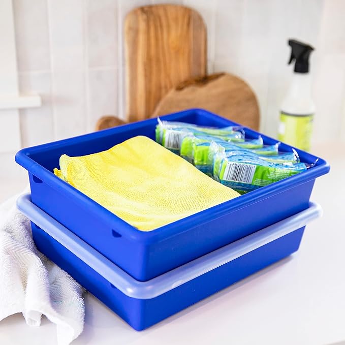 ECR4Kids Letter Size Tray with Lid, Storage Bin, Blue, 10-Piece