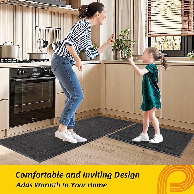 JSEI Non-Slip Kitchen Mats, Self Adhesive No Sliding Kitchen Rugs Set of 2, Washable Absorbent Floor Mat for Kitchen, Bathroom, Laundry Room, Bedroom, 20”x32”+32”x48”, Dark Grey, Rectangular Pattern