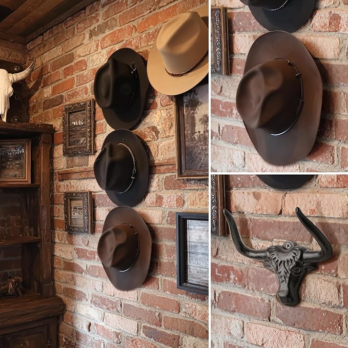 Cowboy Hat Rack for Wall 2 Pack Cowboy Hat Hook Cast Iron Hat Holder Cowgirl Hat Hanger Vintage Western Wall Decor Longhorn Hooks for Hat Storage and Organization Cow Decor Western Gift Rust