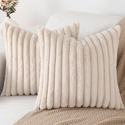 Pallene Faux Fur Plush Throw Pillow Covers 18x18 Set of 2, Luxury Soft Fluffy Striped Decorative Pillow Covers for Sofa, Couch, Living Room, Apricot