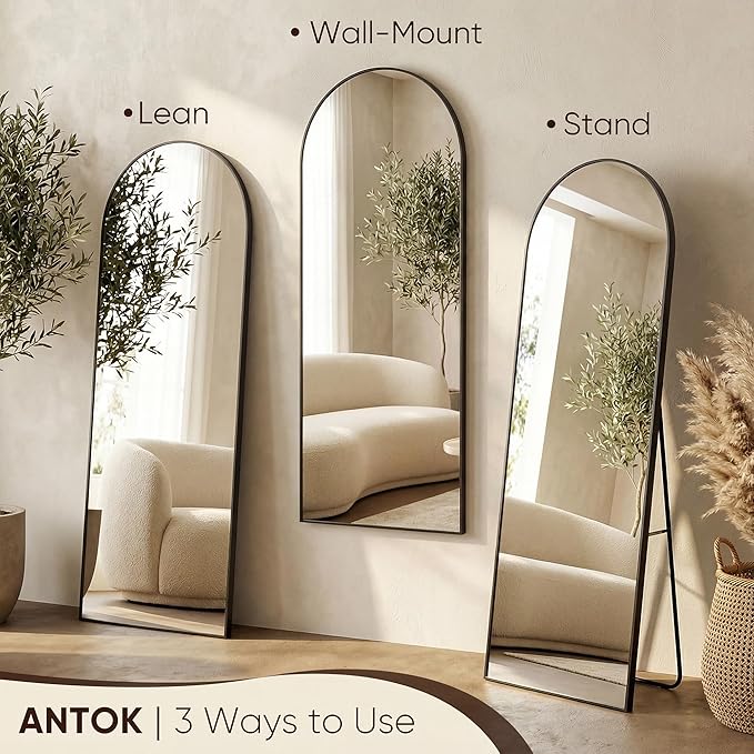 Antok Full Length Mirror, 59"x18" Floor Mirror, Arched Floor Standing Freestanding Arch Full Body Mirrors with Stand for Bedroom, Hanging Mounted for Living Room Cloakroom,Black