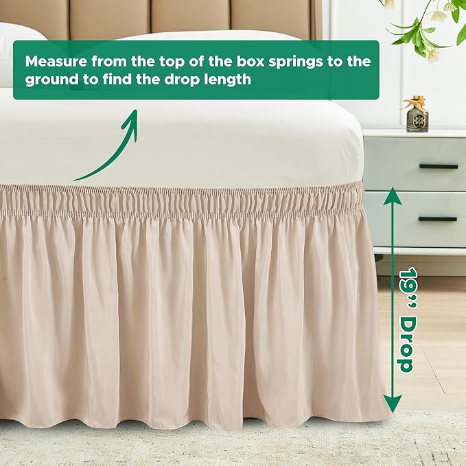 Biscaynebay Wrap Around Bed Skirts for King & Cal King Beds 19" Long Drop, Sand Adjustable Elastic Dust Ruffles Easy Fit Wrinkle Resistant Silky Luxurious Fabric Machine Washable