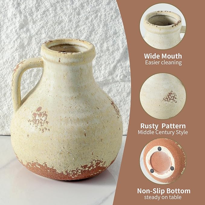 Ceramic Flower Vase Home Decor - Farmhouse Vases Rustic Vintage Living Room Kitchen Bedroom Decorations for House Book Shelf Office Coffee Desk Dining Fireplace