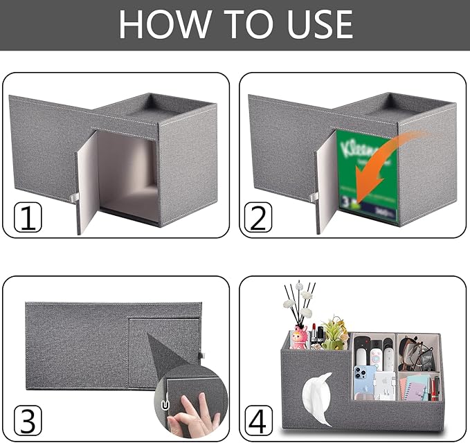 Plus Size Tissue Box Cover-Square Linen Tissue Cover with Side Storage and Tray,Modern Makeup Organizer,Leather Tissue Holder Decorative Cube Organizer for Living Room Vanity NightStand Office,Grey