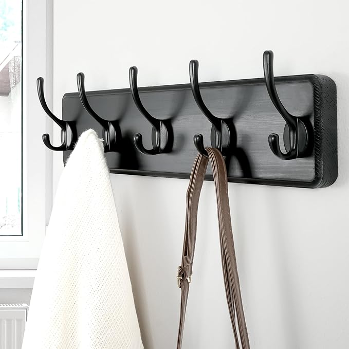 Dseap Coat Rack Wall Mount: Modern, Patented, Heavy-Duty, 17.4" Long 5-Double-Hooks Wooden Hanger Hook Rail for Winter Coats Hat Jacket Clothing, Black