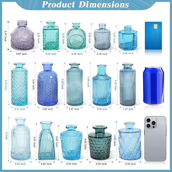 Set of 30 Blue Colored Glass Bud Vases - Small Textured Flower Vases for Centerpieces, Wedding Table Decor, Retro Home Decor Bulk Vase Set for DIY, Events & Gifts