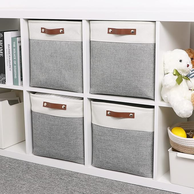 Temary 13 Inch Storage Cubes Baskets Fabric Storage Bins Cube Storage Baskets with PU Leather Handle Clothes Basket for Gift, Large Baskets for Storage Toys, Books, Blankets
