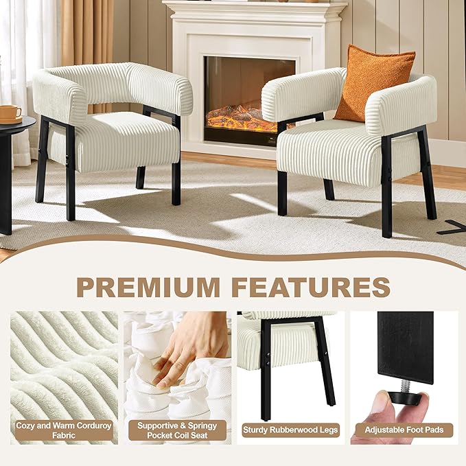 Yaheetech Corduroy Barrel Accent Chair, Modern Upholstered Armchair with Solid Wood Legs, Cozy Leisure Chair with Pocket Coiled Seat for Living Room, Bedroom, Reading Nook Beige