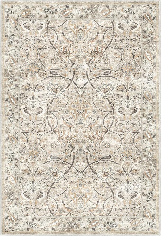 Fortsea 4x6 Beige Washable Rug, Non Slip Low Pile Vintage Floor Mat for High-Traffic Entryway & Kitchen (4x6, Beige)
