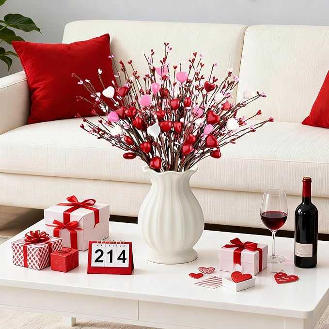 Yunfan 6Pcs Valentines Day Decorations Valentines Decor Red Pink White Heart Shaped Berry Picks Artificial Flowers for Valentines Day Gifts Wedding Home Decor 17in