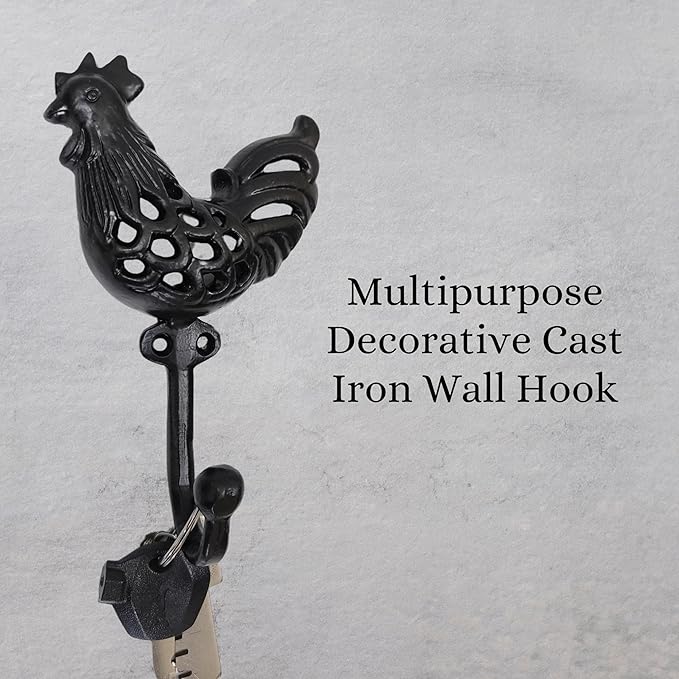 Set of 3 Cast Iron Rooster Shape Coat Hooks Wall Art Decor-Rooster Shape Hangers and Key Holder-Clothes Rack and Backpack Hanger-Coat Hooks Home Decor for Storage, Living Room, Hallway, Office