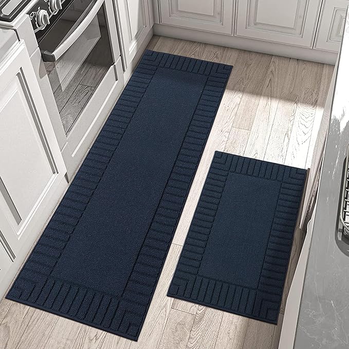 BEQHAUSE-Kitchen-Rugs-Washable-Kitchen-Mats-for-Floor Non-Slip Kitchen Mats Set of 2 Absorbent Kitchen Runner Navy Blue with TPR Backing 24x35inch/24x60inch