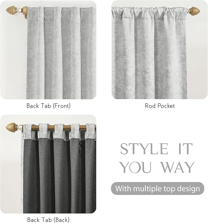 Beauoop Grey Floral Jacquard Blackout Curtains 72 Inches Long 2 Panels for Bedroom Living Room Chenille Flower Room Darkening Thermal Insulated Soundproof Rod Pocket Back Tab Window Drapes 52x72