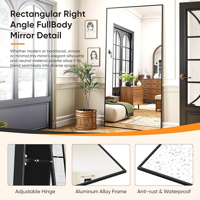 Suidia Full Length Mirror, 58"x18" Floor Standing Mirror Freestanding, Full Body Mirrors with Stand for Bedroom, Hanging Mounted for Living Room Cloakroom, Black, Rectangular Style