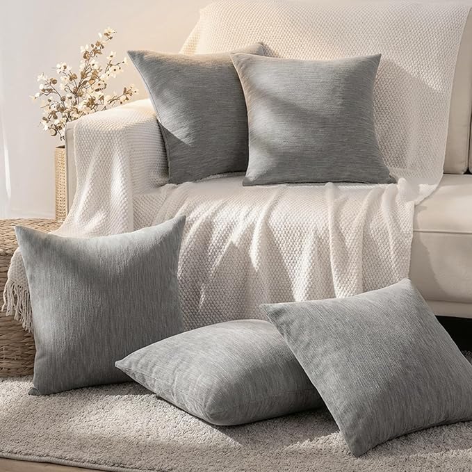 Set of 4 Grey Throw Pillow Covers 20x20 Inch, Neutral Boho Farmhouse Aesthetic Decorative Pillow Cases for Couch, Sofa, Living Room & Bed, Soft Chenille Pillow Cases, Stylish Home Decor, 50x50 cm