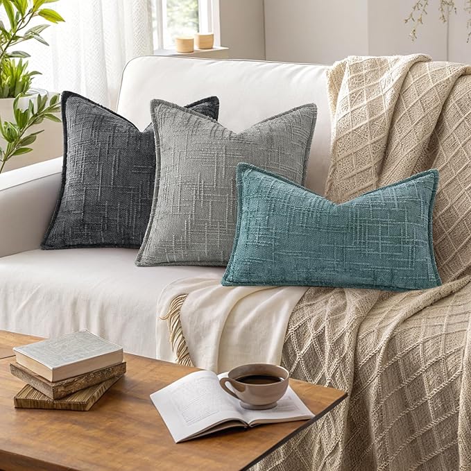 decorUhome Chenille Throw Pillow Covers 18x18 Set of 2, Thick Textured Slubby Neutral Decorative Pillow Covers with Elegant Design for Couch, Sofa, Living Room, Neutral Grey