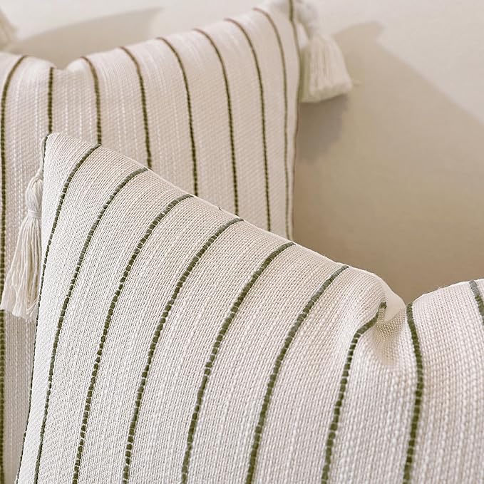 QDTTSRY Boho Throw Pillow Covers 20x20 Inch Set of 2, Textured Linen Striped Square Pillow Covers with Tassels, Soft & Cozy Farmhouse Décor Pillow Cases for Sofa Couch Bed Living Room, Green