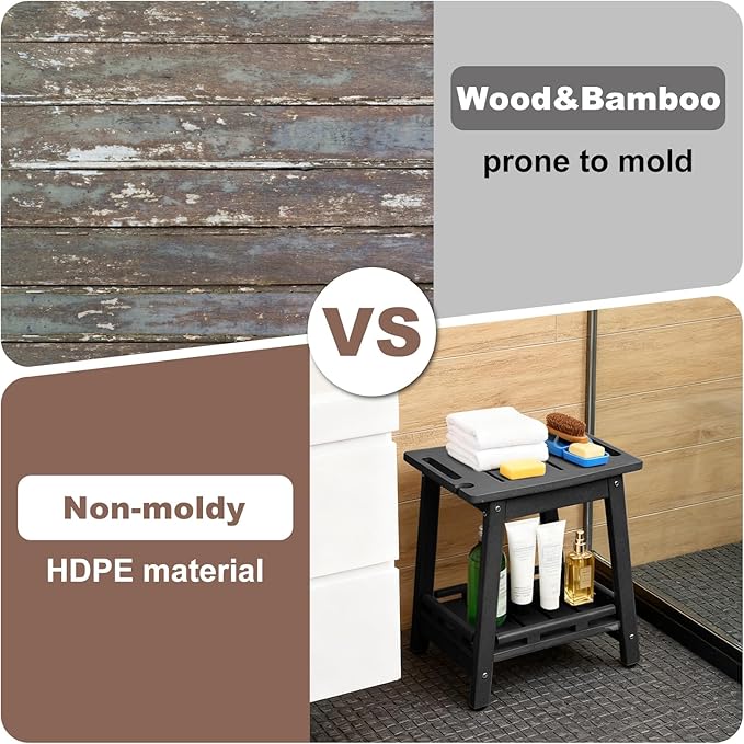 HDPE Shower Bench Seat for Shaving Legs, Waterproof Shower Stool with Storage Shelf for Bathroom, Black