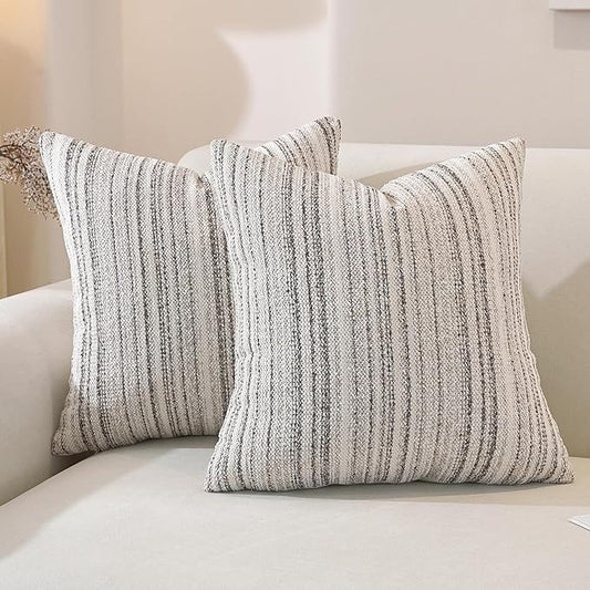 QDTTSRY Chenille Throw Decorative Pillow Covers 18x18 Set of 2, Textured Striped Boho Couch Pillow Covers, Cozy Neutral Farmhouse Cushion Cover for Couch Sofa Bedroom Living Room, Colorful Coffee