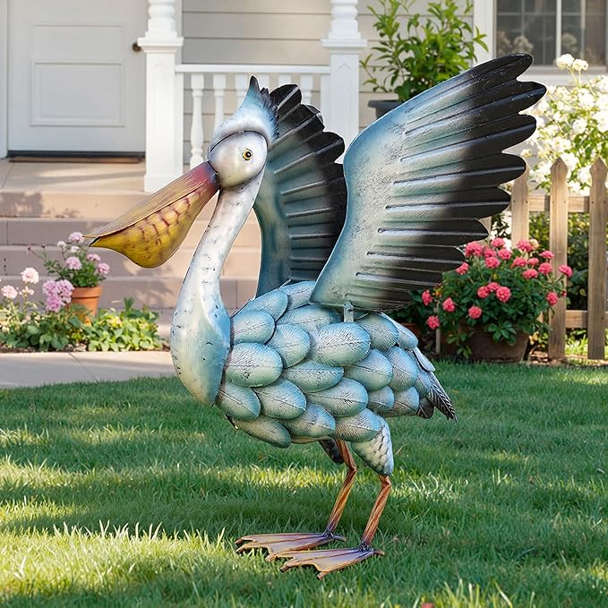18.5" Metal Pelican Yard Decor - Handmade Large Coastal Ocean Bird Sculptures with Stable Ground Stakes, Backyard Decoration, Metal Garden Art
