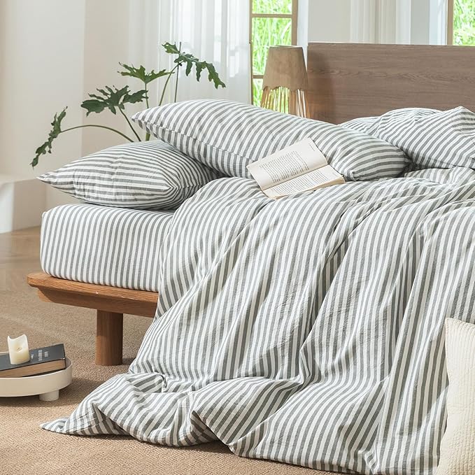 MooMee Striped Duvet Cover Set 100% Washed Cotton Linen Like Textured Breathable Durable Soft Comfy (Heathered Green Classic Stripes, Queen 90"x90")