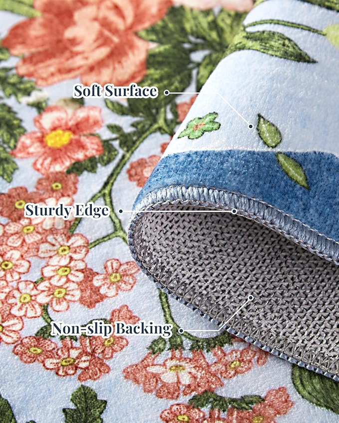 AREAMAY Floral Rug for Living Room - 4x6 Washable Area Rugs Non-Slip Soft Low-Pile Stain Resistant Carpet Unique Flower Print Vintage Indoor Rug for Bedroom Dining Room Office Nursery Room, Blue
