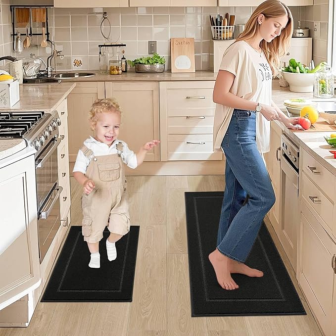 JSEI Non-Slip Kitchen Mats, Self Adhesive No Sliding Kitchen Rugs Set of 2, Washable Absorbent Floor Mat for Kitchen, Bathroom, Laundry Room, Bedroom, 20”x32”+32”x48”, Black, Rectangular Pattern