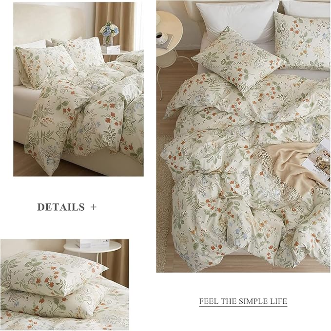 Chic Botanical Floral Duvet Cover King White Soft 100% Cotton Garden Floral Bedding Set King Vintage Style Cottagecore Comforter Cover with Zipper Closure 1 Flower Duvet Cover with 2 Pillowcases