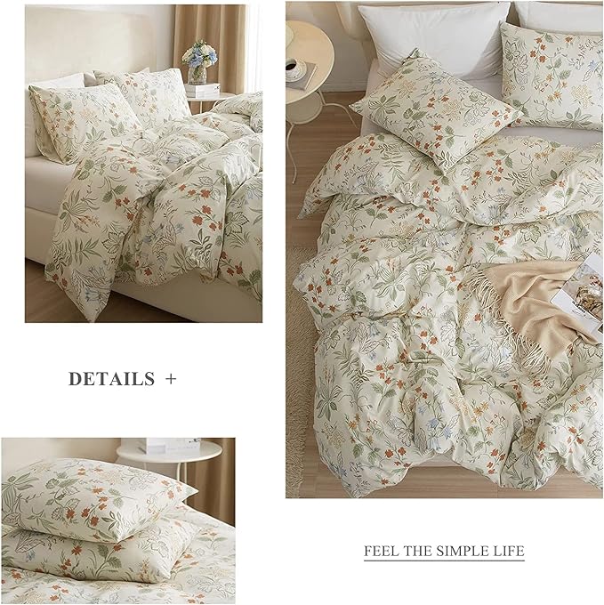 Vintage Style Floral Duvet Cover Queen Soft 100% Cotton Botanical Flower Bedding Set Aesthetic Floral Comforter Cover for Girls Women Chic Vintage Flower Cottagecore Duvet Cover with Zipper Closure