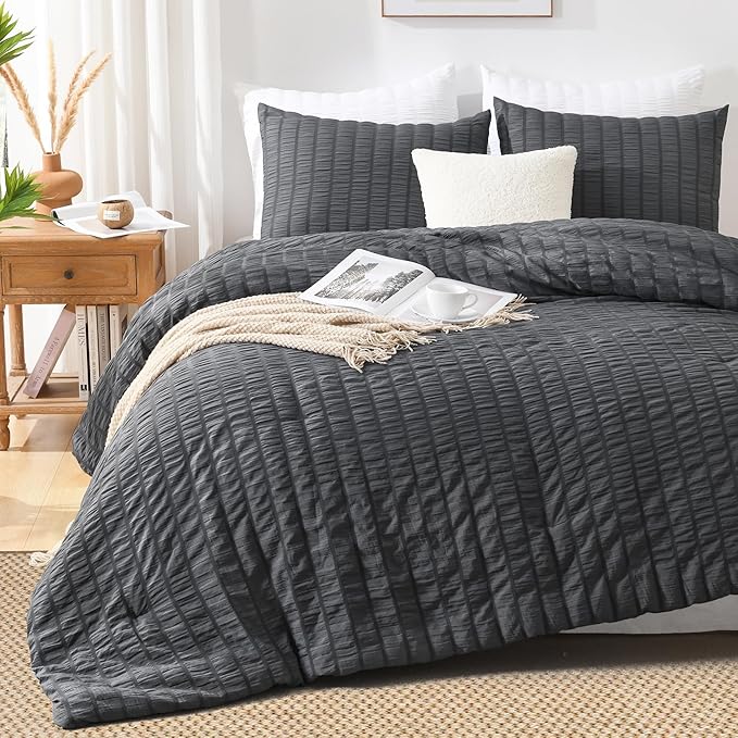 AveLom Seersucker Full Comforter Set (80x90 inches), 3 Pieces - 100% Soft Washed Microfiber Lightweight Comforter with 2 Pillowcases, All Season Down Alternative Comforter Set for Bedding, Gray
