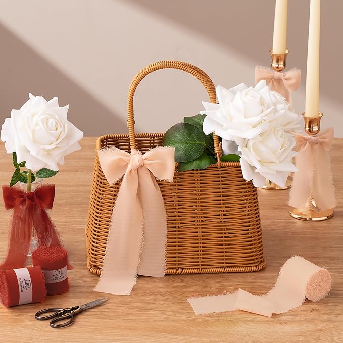 DORIS HOME Terracotta Chiffon Ribbon for Flower Bouquet, 2" x21Yd Fabric Ribbon for Gift Wrapping, Handmade Frayed Ribbon for Wedding, Chiffon Silk Ribbon for Christmas Decorations