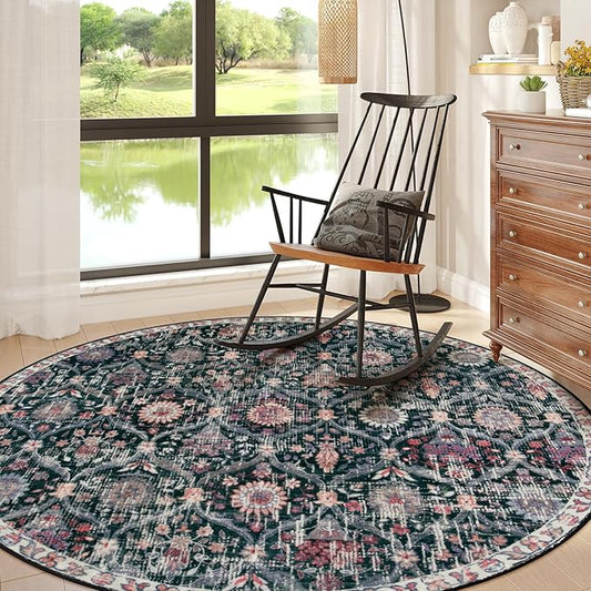 Lahome Moroccan Trellis Washable Round Area Rug, Soft Round Rugs 6ft Ultra-Thin Non-Slip, Vintage Large Circle Carpet for Bedroom Living Room Kitchen Nursery, Black/Multi