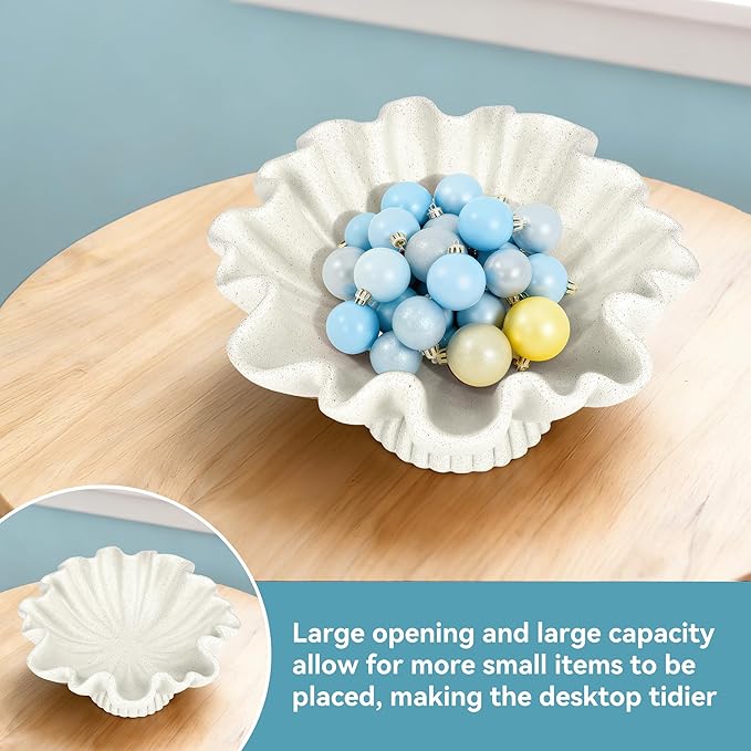 Large Decorative Bowls for Home - Fruit Pedestal Bowl for Coastal Decor - Scalloped Bowl - 10.3" Off-white Resin Unique Decor for Coffee Table