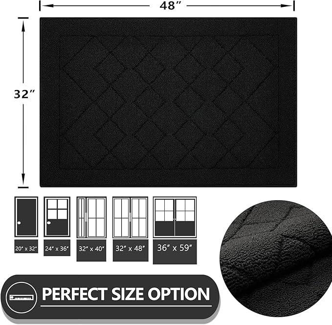 REFETONE Indoor Doormat, Front Back Door Mat 32"x48" Rubber Backing Non Slip Mats, Absorbent Washable Entrance Doormat for Entryway, Resist Dirt Low-Profile Inside Floor Mat for Muddy Shoes, Black
