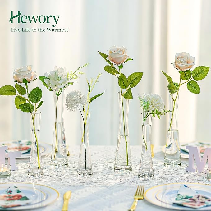 Hewory Glass Bud Vases for Centerpieces Set of 6, Handmade Modern Clear Small Skinny Decorative Single Flower Vase, Minimalist Slim Floral Vase for Home Wedding Party Events Table Decor, 9.64"