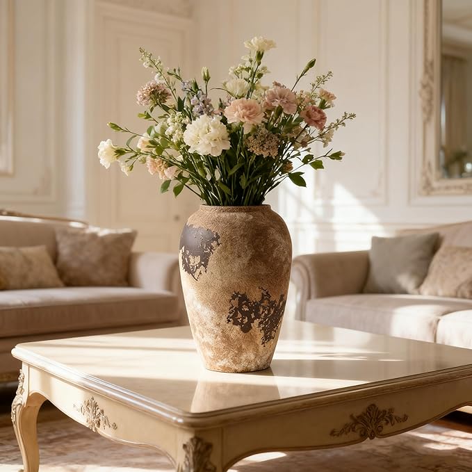 Ceramic Flower Vase 11 inch Tall Vase for Centerpieces,Large Decorative Terracotta Vases,Farmhouse Rustic Vases for Home Decor,Living Room,Table,Neutral,Waterproof
