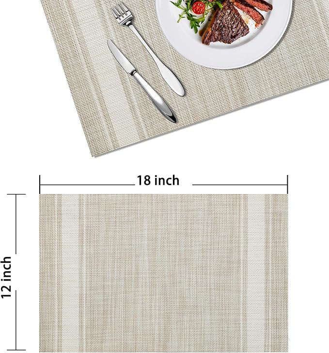 Placemats Set of 4 Vinyl Washable Linen ColorPlacemats, 18"x12" Wipeable Heat-Resistant Non-Slip Easy Clean Table Mats Ideal for Dining Table Table Runner and Outdoor(4, Linen Wide Stripe)