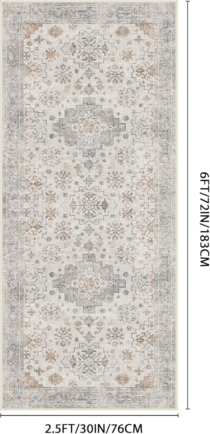 GENIMO 2'6''x6 Runner Rug,Machine Washable Non-Slip Vintage Rugs,Low Pile Lightweight Carpet for Bedroom,Hallway,Entryway,Kitchen,Bathroom,Grey