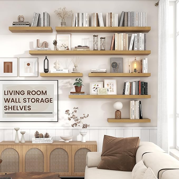Floating Shelves for Wall, Engineered Wood Wall Shelves with Invisible Brackets for Living Room Bedroom Bathroom Office Kitchen Decor and Storage (Oak, 48" W x 9" D x 1.5" H) Set of 2