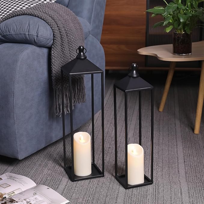 22'' 19'' Large Lanterns Decorative Outdoor Indoor, Set of 2 Black Metal Candle Lanterns Christmas Lanterns Modern Farmhouse Floor Lanterns Decorative for Home Decor, Mantle, Patio, Porch, Garden