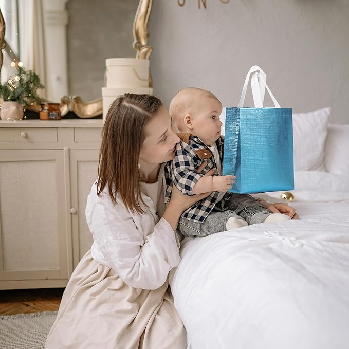 cabzymx Blue Small Reusable Gift Bags with Metallic Design, 25 Pcs Return Gift Bag Bulk for Wrapping Gifts, Birthday, Wedding, Parties-10.2x3.9x8.3 In