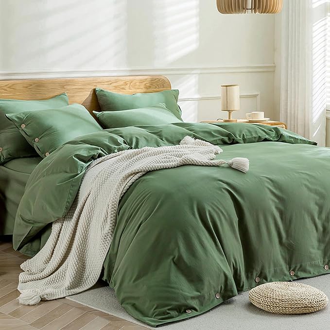 JELLYMONI Cotton Duvet Cover Super Queen Size - Green Comforter Cover with Button 100% Washed Cotton 3PCS Breathable Soft Solid Bedding Set Duvet Cover 98×90in & 2 Pillowcases (NO Comforter)