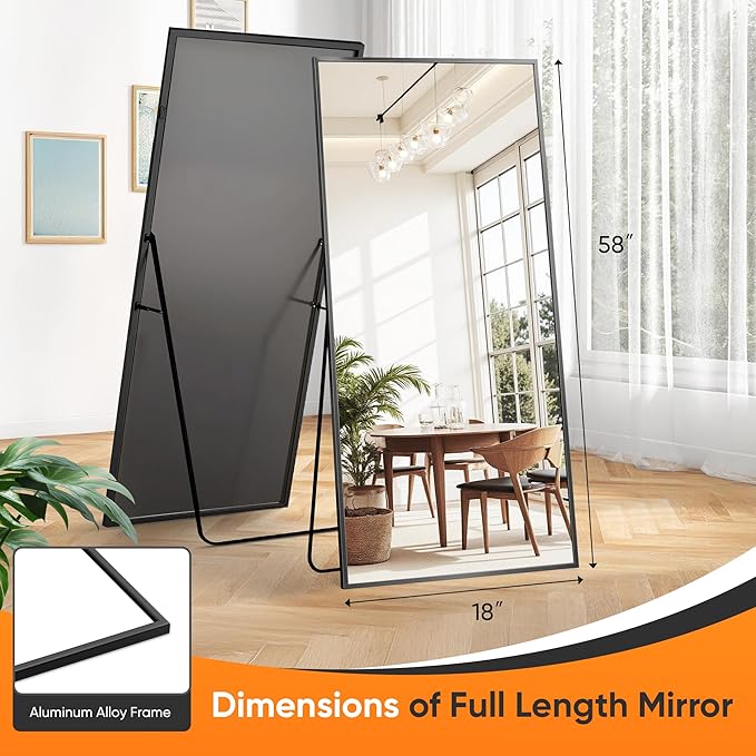 Suidia Full Length Mirror, 58"x18" Floor Standing Mirror Freestanding, Full Body Mirrors with Stand for Bedroom, Hanging Mounted for Living Room Cloakroom, Black, Rectangular Style