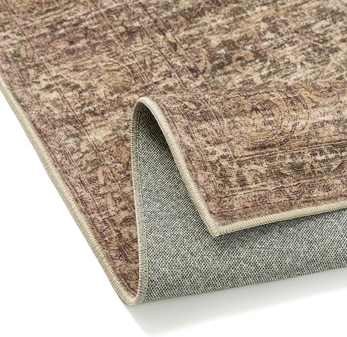 PureCozy 3x5 Area Rug Brown Machine Washable Entryway Office Vintage Distressed Non Slip Carpet Indoor Small Low Plie Thin Bedroom Kitchen Retro Accent Throw Rug Door Mat Entrance Bathroom Living Room