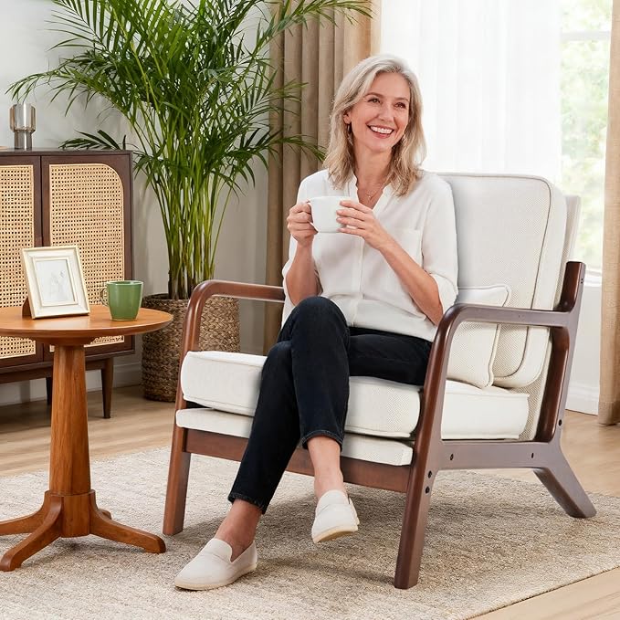 DUMOS Accent Chair,Mid Century Modern Chair with Arms and Waist Cushion, Reading Chairs for Adults, Lounge Chair for Living Room and Bedroom, Solid Wooden Frame,Off-White