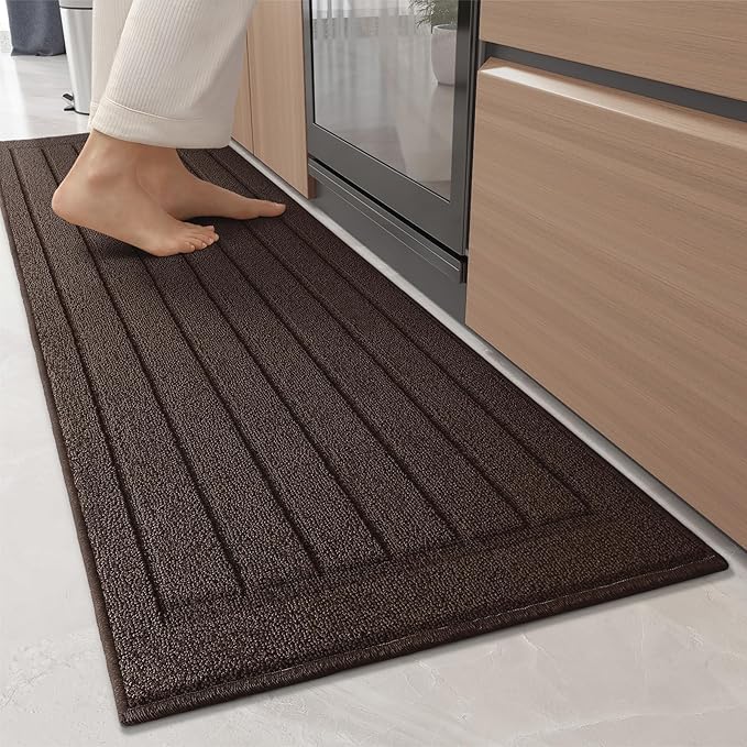Color&Geometry Striped Designed Absorbent Washable Polypropylene Kitchen Floor Mat, Brown 17"x79", Non Slip TPE Backed, Low-Profile Sink Runner Rugs, Easy Clean Long Kitchen Carpet (Roll Packed)