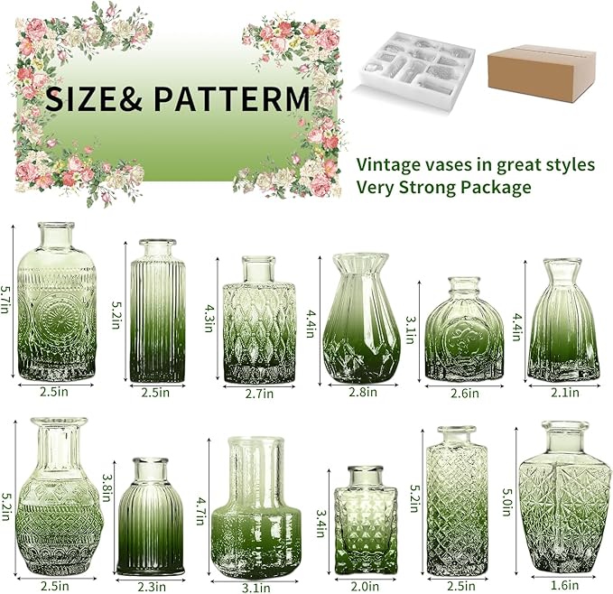 KUAGUINZUHE 12 Pcs Glass Bud Vase Set, Small Green Vintage Flower Vases for Wedding Centerpieces in Bulk, Mini Embossed Vases for Home Table Decor, Party, Baby Shower Decorations