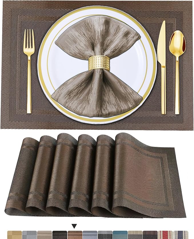 BETEAM Placemats Set of 6, Woven Vinyl Placemat for Dining Table Washable Wipeable Kitchen Place Mats Durable Indoor Outdoor Table Mats
